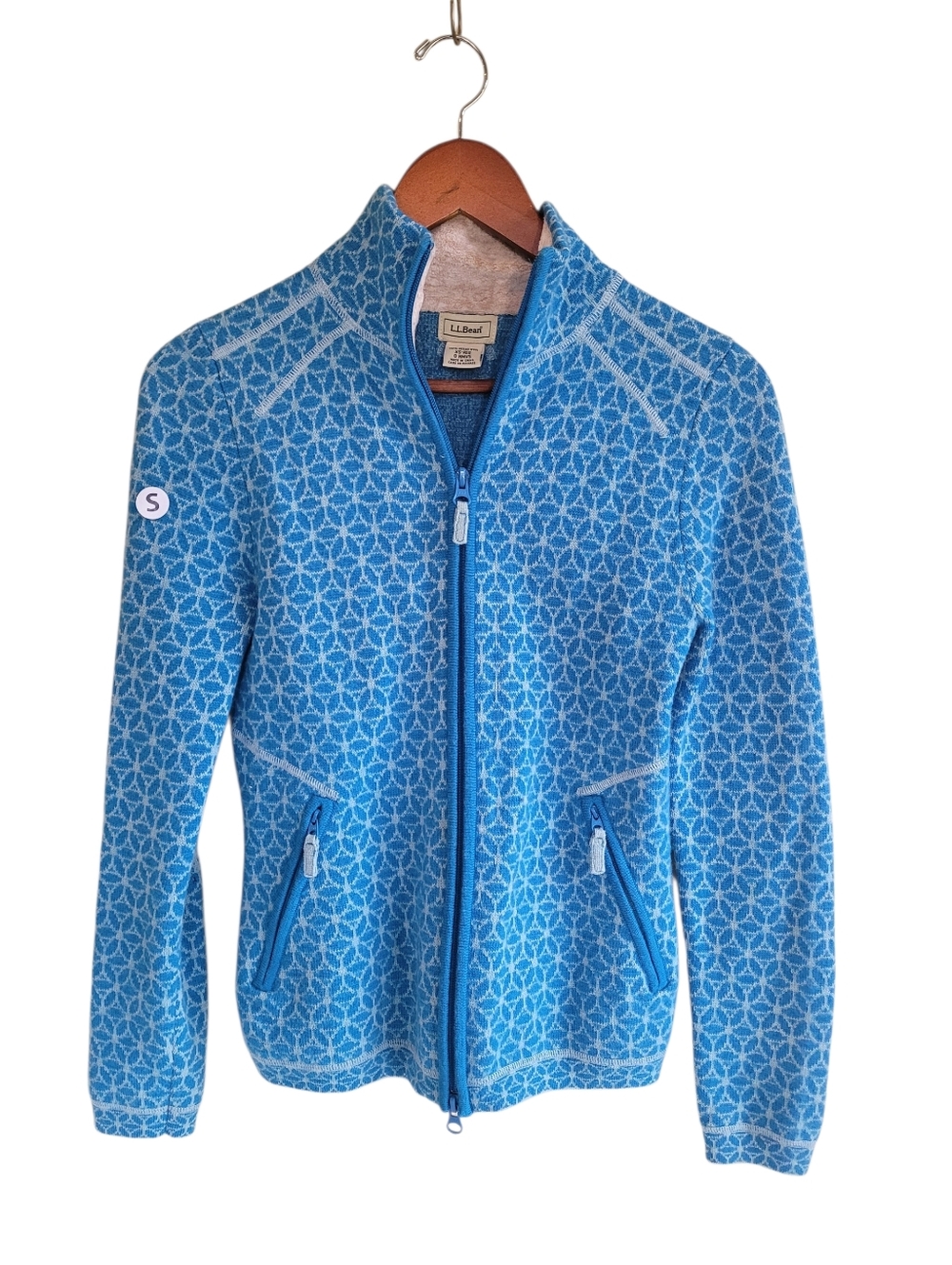 L.L. Bean 100% Merino Wool Geometric Patterned Full-Zip Jacket Blue Womens XS